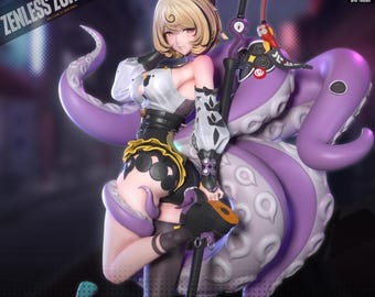 Könnte beinhalten: Detaillierte Figur eines weiblichen Charakters aus "Zenless Zone Zero". Sie hat blondes Haar, ein schwarz-weißes Outfit und wird von einem großen lila Oktopus begleitet. Die Figur ist vorgestützt und getestet.