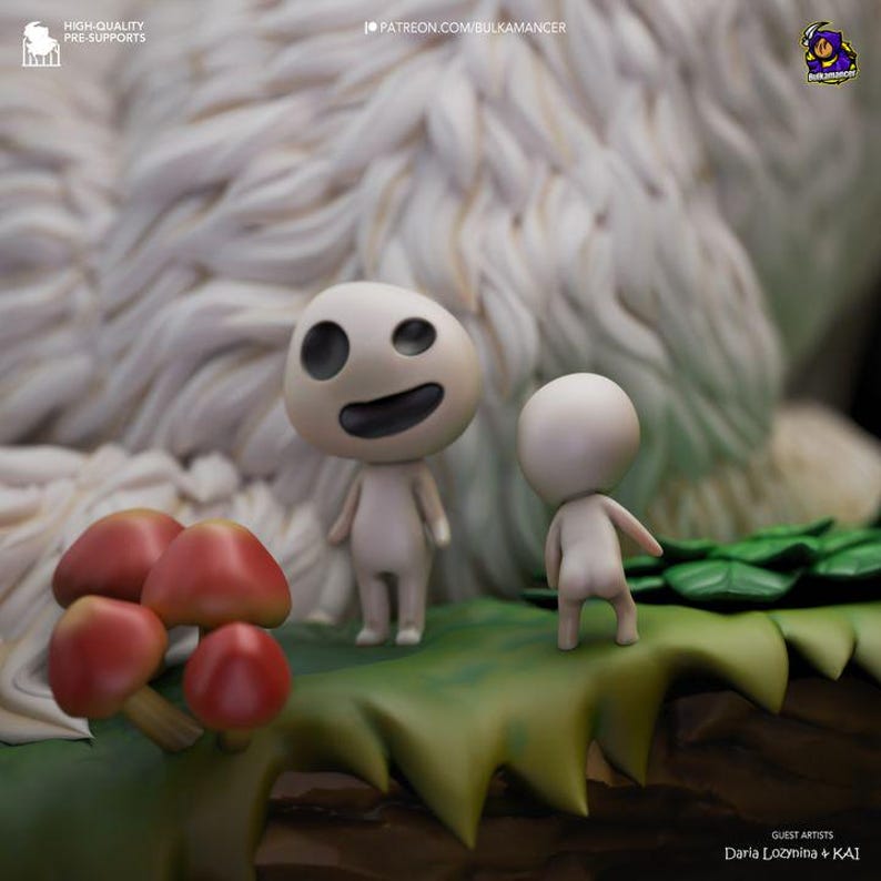 May include: Two white, cartoon-like figures stand on a green leaf. The figure on the left has a smiling face with black eyes. The figure on the right is facing away from the viewer.  The figures are standing in front of a large, white, fluffy object.