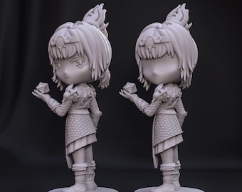 May include: A 3D printed miniature of a female character with a fiery hair style, wearing armor and holding a glowing crystal. The miniature is printed in gray plastic and is posed in two different views.