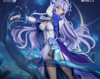 May include: A detailed figurine of a female character with long, flowing lavender hair and a white and blue dress. The figure is posed with a dynamic, flowing water effect. The text "Wuthering Waves" is visible.
