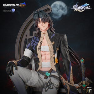 May include: A detailed figure of a character from "Honkai: Star Rail" sitting on a throne. The figure wears a black and gold jacket, gray pants, and has long black hair. The background features a full moon and the game's logo.