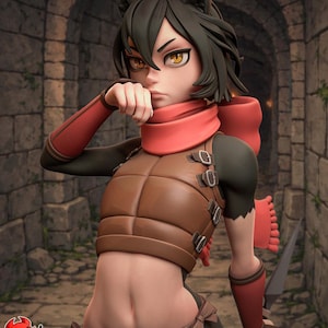 May include: A digital art figure of a character with wolf ears, wearing a brown leather vest, red scarf, and arm guards. The character has dark hair and yellow eyes. The background shows a stone archway. The text "PATREON H3LL CREATOR" is visible.
