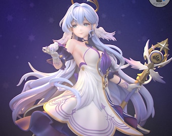 May include: A detailed figurine of a female character with long, flowing light blue hair, wings, and a halo. She wears a white and purple dress with gold accents and holds a staff. The background is a dark blue with star patterns.