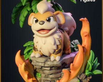May include: A small, detailed figurine of a brown and white Pokemon character, standing on a rocky base with orange flames. The character has a fluffy tail and is smiling. The figurine is part of a collection called "Nom Nom Figures".