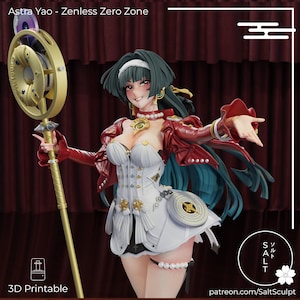 May include: Astra Yao figure from Zenless Zero Zone, a 3D printable model. The figure is a woman with dark green hair, wearing a white and red outfit, and holding a golden staff. The figure has a detailed design and is posed in a dynamic stance.