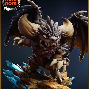 May include: A detailed figurine of a fantasy creature with large horns, sharp teeth, and spiky features. The figure is primarily brown, gray, and purple, with blue crystal accents on the base. The logo "nom nom Figures" is in the top left corner.