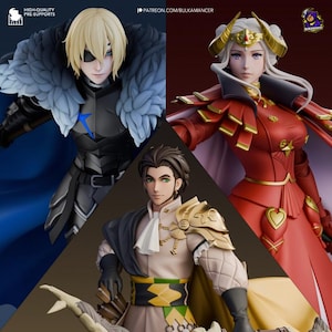 May include: Three 3D printed figurines of characters from the Fire Emblem: Three Houses video game. The characters are dressed in their signature outfits and are posed in dynamic stances. The characters are Edelgard, Dimitri, and Claude.