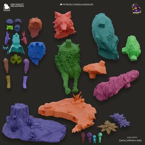 May include: A set of pre-supported 3D printed miniatures, featuring a wolf, a human figure, and a variety of accessories. The miniatures are printed in various colors, including green, blue, orange, and pink. The miniatures are designed for tabletop gaming or role-playing games.