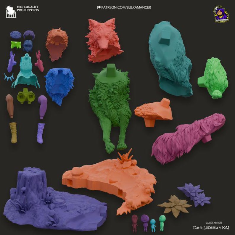 May include: A set of pre-supported 3D printed miniatures, featuring a wolf, a human figure, and a variety of accessories. The miniatures are printed in various colors, including green, blue, orange, and pink. The miniatures are designed for tabletop gaming or role-playing games.