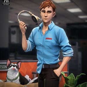 May include: A digital illustration of a man in a light blue button-down shirt holding a headset. The shirt has the letters "SDN" on the pocket. A black and white dog is in a cardboard box. The image has the text "Presupported and Tested" and "Patron.com | Neko Figurines".