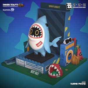 May include: A light blue shark figurine with a wide open mouth, black eyes, and a white belly with the word "SHARK". The figurine is part of a display with the text "SPOTLIGHT" and "BEST SALE". Other items include a red shark head and a blue box.