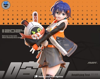 Könnte beinhalten: Detaillierte Anime-Figur eines weiblichen Charakters mit blauen Haaren, der ein orangefarbenes und schwarzes Outfit trägt und ein weißes und schwarzes kugelförmiges Objekt mit einem roten Schal hält. Der Hintergrund ist orange mit schwarzen Punkten und dem Text "12024 Welcome to New Eridu Where Humanity Rises Anev".