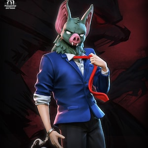 May include: A figurine of a bat-headed figure in a blue blazer, white shirt, and black pants, pulling at a red tie. The figure has a green face, pink ears, and a pig-like snout. The image includes the text "Presupported and Tested" and "Patreon.com | Neko Figurines".