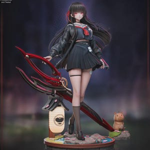 Puede incluir: Figura detallada de un personaje femenino de "Wuthering Waves" con uniforme escolar, sosteniendo un arma roja grande. La figura tiene pelo largo negro, ojos rojos y est&aacute; de pie sobre una base circular con una linterna y una peque&ntilde;a figura de animal.