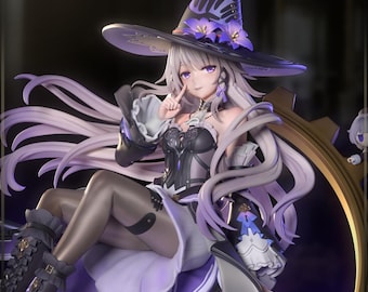 May include: A detailed figurine of a character from "Honkai: Star Rail." The figure is a woman wearing a witch hat adorned with purple flowers and a black and white outfit. The figure is seated, with long, flowing silver hair and a staff. The background is dark.