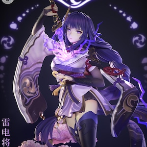 May include: A detailed figurine of a female character in a flowing white and purple outfit, holding a sword. The figure has long purple hair and is surrounded by glowing purple energy. The base of the figure is a bed of pink flowers. The text "雷电将军" is visible.
