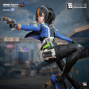 May include: A detailed figurine of a female character from "Zenless Zone Zero" in a dynamic pose, holding a futuristic pistol. She wears a blue jacket, black pants, and has black hair with orange highlights. The figurine is a collectible item.