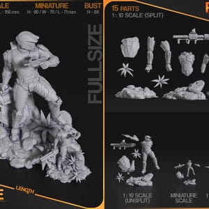 May include: A gray, unassembled miniature figure of a soldier holding a large weapon, standing on a rocky base with foliage. The figure is 8.19 inches tall, 6.38 inches wide, and 6.14 inches long. The image also shows the figure's parts.