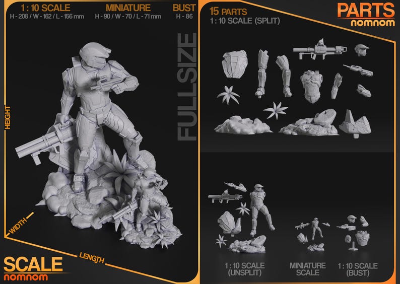 May include: A gray, unassembled miniature figure of a soldier holding a large weapon, standing on a rocky base with foliage. The figure is 8.19 inches tall, 6.38 inches wide, and 6.14 inches long. The image also shows the figure's parts.