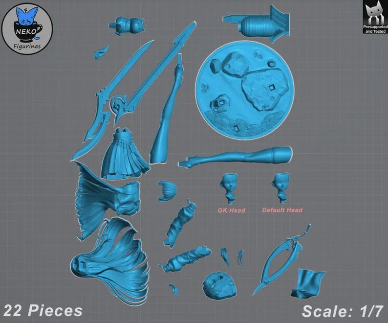 Puede incluir: Kit de figura azul desmontado con 22 piezas, incluyendo falda, pelo, espadas y una base lunar. El kit incluye dos opciones de cabeza, etiquetadas como "GK Head" y "Default Head". La escala es 1/7.
