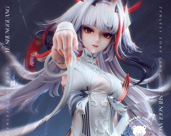 May include: A 3D model figure of the character Ye Shungguang from Zenless Zone Zero, featuring long white hair with red accents, red eyes, and a white outfit with intricate patterns. The text Ye Shungguang and Zenless Zone Zero is visible.