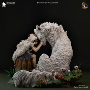 May include: A white wolf sculpture with a fluffy white coat, sitting with a girl wearing a white fur cloak. The girl is holding the wolf's head with her right hand. The sculpture is set on a green base with small mushrooms and other details.