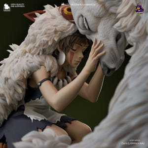 May include: A white wolf with a fluffy white coat and a young woman with long brown hair wearing a white fur cloak and a dark blue dress. The woman is holding the wolf's head in her hands and they are both looking at each other.