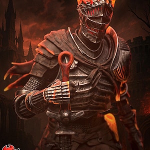 May include: A detailed digital artwork of a knight in dark armor, holding a sword. The knight's helmet is adorned with flames. The background features a dark, ominous castle and fiery elements, creating a fantasy theme.