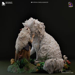 May include: A white, furry, wolf-like creature with a smaller, white, furry creature sitting on a tree stump. The larger creature has its head resting on the smaller creature's head. Both creatures are made of white resin and have a realistic texture.