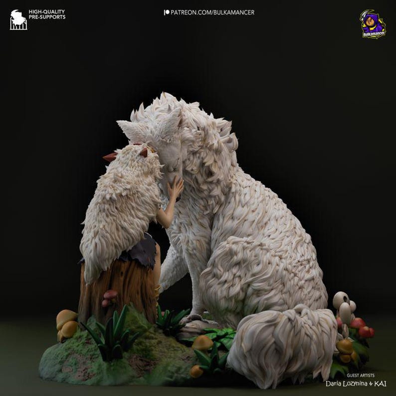 May include: A white, furry, wolf-like creature with a smaller, white, furry creature sitting on a tree stump. The larger creature has its head resting on the smaller creature's head. Both creatures are made of white resin and have a realistic texture.