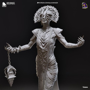 May include: A gray statue of a figure with an ornate headdress and draped clothing, holding a lantern and chains. The figure has outstretched arms and detailed facial features. The image includes text that reads "HIGH-QUALITY PRE-SUPPORTS" and "PATREON.COM/BULKAMANCER".