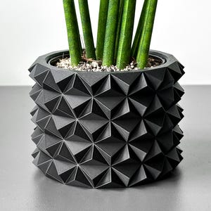 Pode incluir: Um vaso geométrico preto com um padrão texturizado em forma de diamante. O vaso está cheio de terra e uma planta verde.