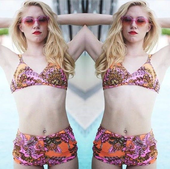 60s Hi Waist BIKINI hot pink orange paisley 60s h