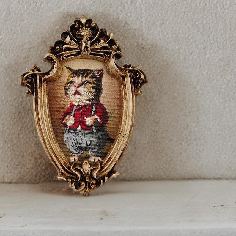 Victorian Cat Portrait Oil Painting | Framed Cat Art | Anthropomorphic Cat Painting | Vintage Gold Oval Frame | Original Cat Artwork AntiqueGold 8x12cm