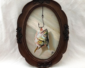 Vintage Fish Oil Painting | Vintage Frame Wall Art | still Life painting |  Handmade Marine Decor | sardine painting | vintage kitchen art
