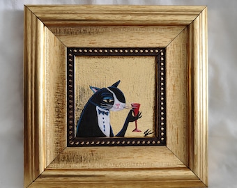 Luxurious Gold Frame Cat Painting: 5.5x5.5 Inch Original,Tiny Tuxedo Cat Artwork with Unique Impasto Techniqu,Tiny Art in a Gold Frame
