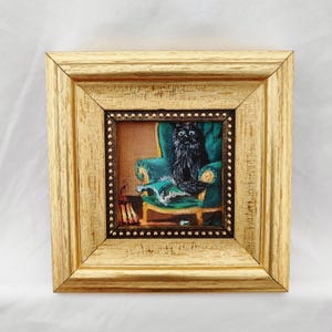 Handmade Victorian Black Cat Painting – Miniature Oil Art in Vintage Frame, Elegant Gift for Cat Lovers,Cat wall art, funny pet painting