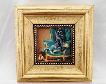 Victorian Black Cat Oil Painting: Miniature Art in Vintage Frame