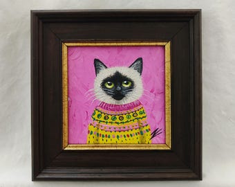 Siamese Cat Oil Painting | Seal Point Siamese Cat Portrait | Siamese Breed Artwork | Hand Painted Siamese Miniature | Siamese Cat Wall Art
