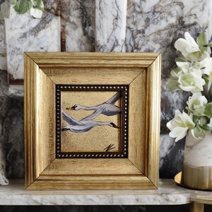 Original Flying Swan Oil Painting on Gold Leaf | Swan Wall Art | Small Swan Painting | Oil Painting on Gold Leaf Background| Gold Framed Art image 2