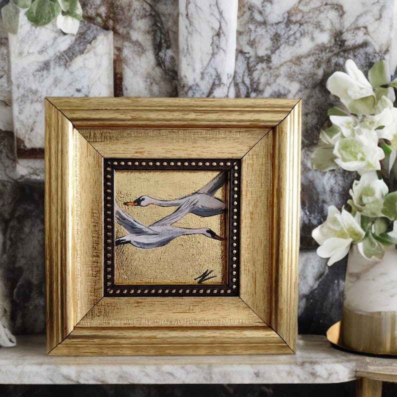 Original Flying Swan Oil Painting on Gold Leaf | Swan Wall Art | Small Swan Painting | Oil Painting on Gold Leaf Background| Gold Framed Art image 2