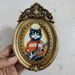 Funny Cat Oil Painting: Vintage Portrait of Cat Playing Guitar, black Cat painting