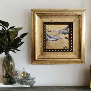 Original Flying Swan Oil Painting on Gold Leaf | Swan Wall Art | Small Swan Painting | Oil Painting on Gold Leaf Background| Gold Framed Art image 5