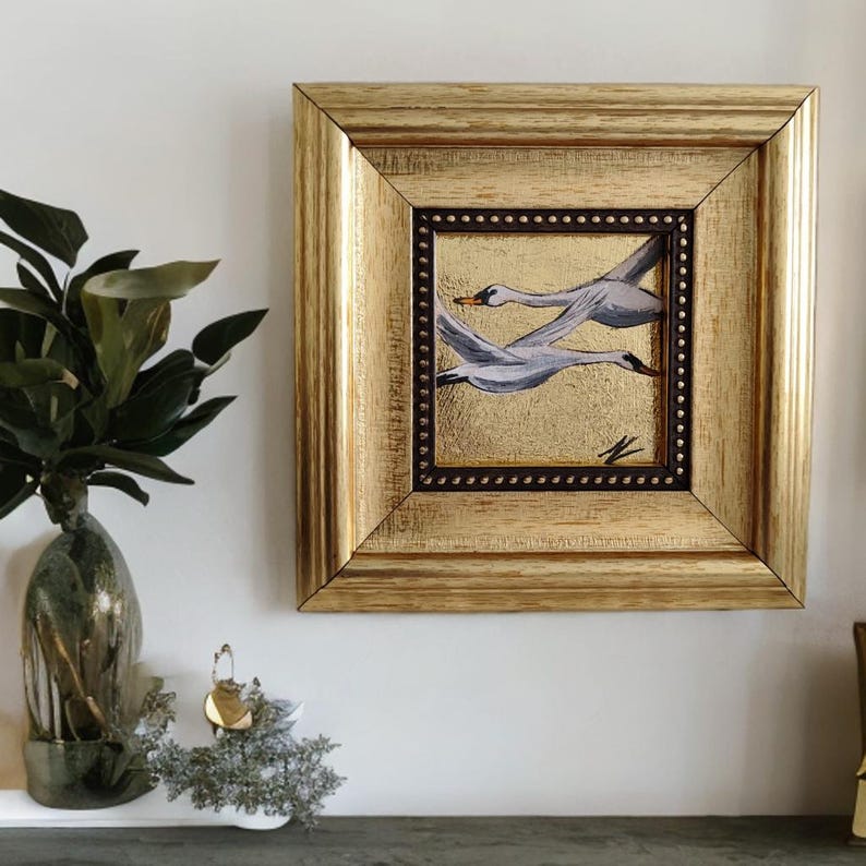Original Flying Swan Oil Painting on Gold Leaf | Swan Wall Art | Small Swan Painting | Oil Painting on Gold Leaf Background| Gold Framed Art image 5