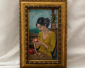 Pintura al óleo original de una mujer pelando una manzana / Arte mural figurativo / Retrato vintage / Decoración estilo cottagecore / Pintura al óleo hecha a mano