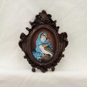 Framed Bird Oil Painting: Whimsical Cottagecore Art, Antique Style