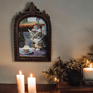 Handmade Cat Oil Painting: Victorian Style Art with Vintage Frame image 4
