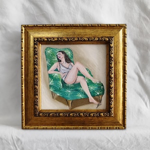 Framed  Woman Oil Painting - Retro Wall Art, Cottagecore Decor, Small Handmade Artwork with Vintage Style, retro painting