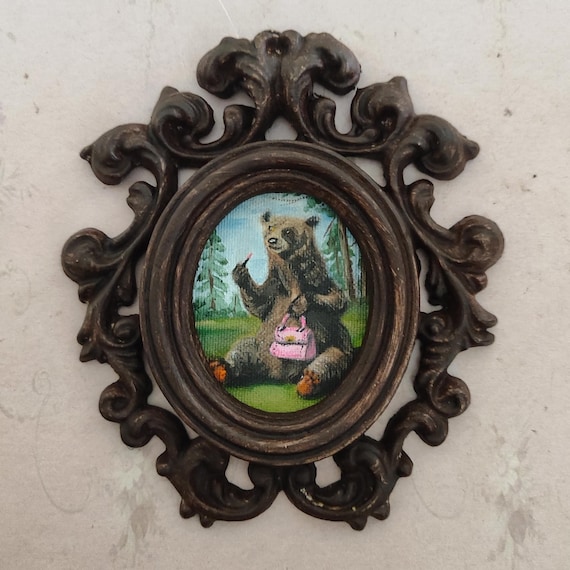 Original Bear oil  Painting: Funny Miniature Animal Art Gift, funny bear wall art, bear decor, funny bear painting, bear art