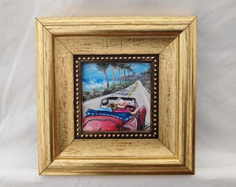 Miniature Oil Painting: Romantic Coastal Road Trip Art - Vintage Convertible